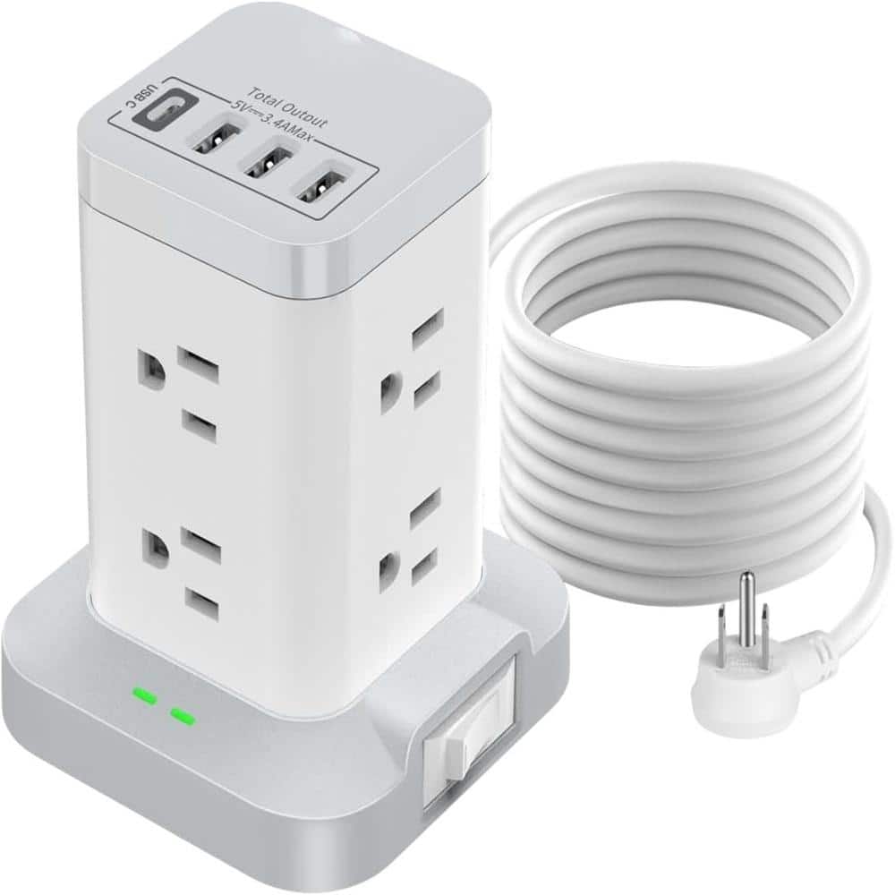 6.5 ft. White Power Strip Tower with 8 Outlets and 4 USB A-C Ports Surge Pr