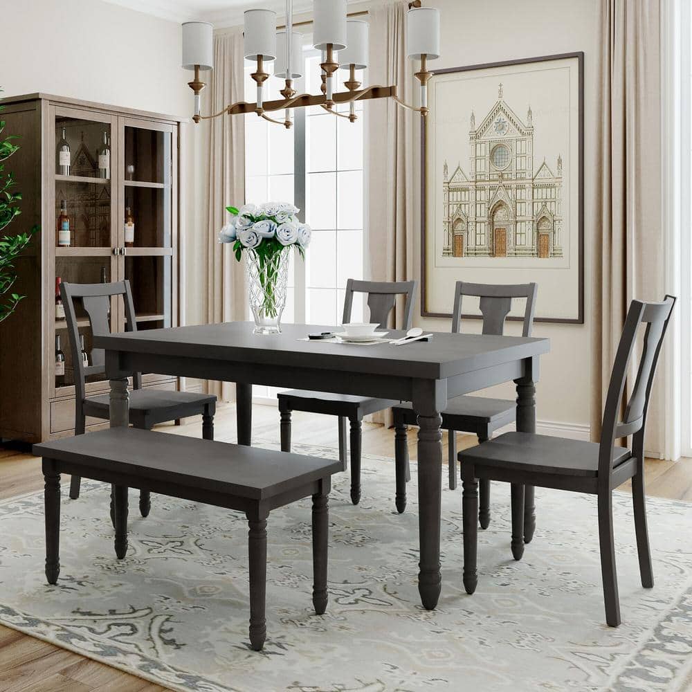 Harper & Bright Designs 6- Piece Gray Wooden Dining Set with Bench ...