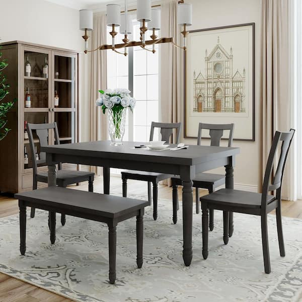 Gray Wooden Dining Set, 6 Piece Black Dining Room Set