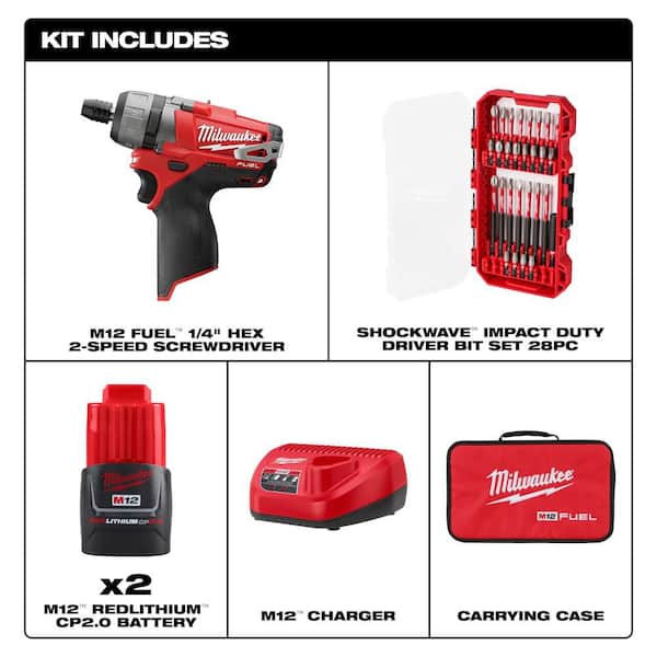 M12 FUEL 12V 1/4 in. Hex 2-Speed Screwdriver Kit w/ (2) 2. 0Ah Batteries, Case with 28-Pc SHOCKWAVE Set