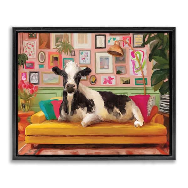 Stupell Industries Cow in Whimsical Maximalist House by Kamdon Kreations Black Floater Frame Animal Graphic Art Print 17 in. x 21 in.