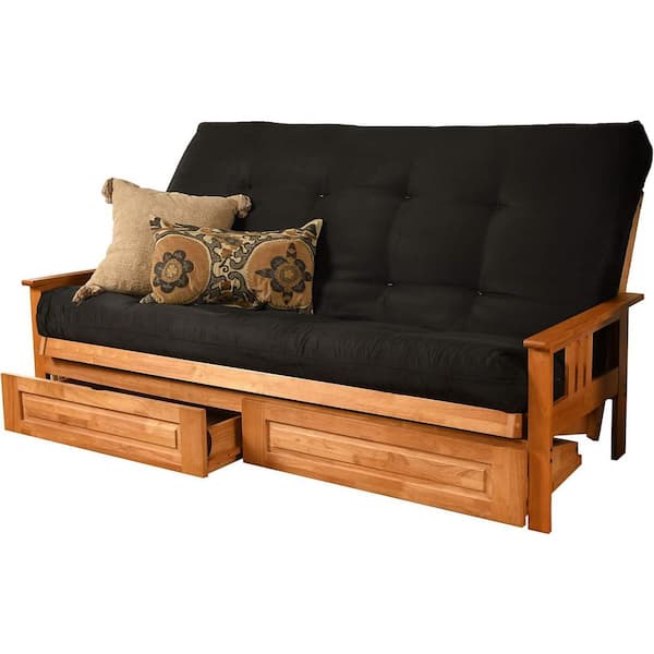 85 in. Butternut/Suede Black Polyester Upholstered Queen Size Futon Set with Mattress and Storage Drawers