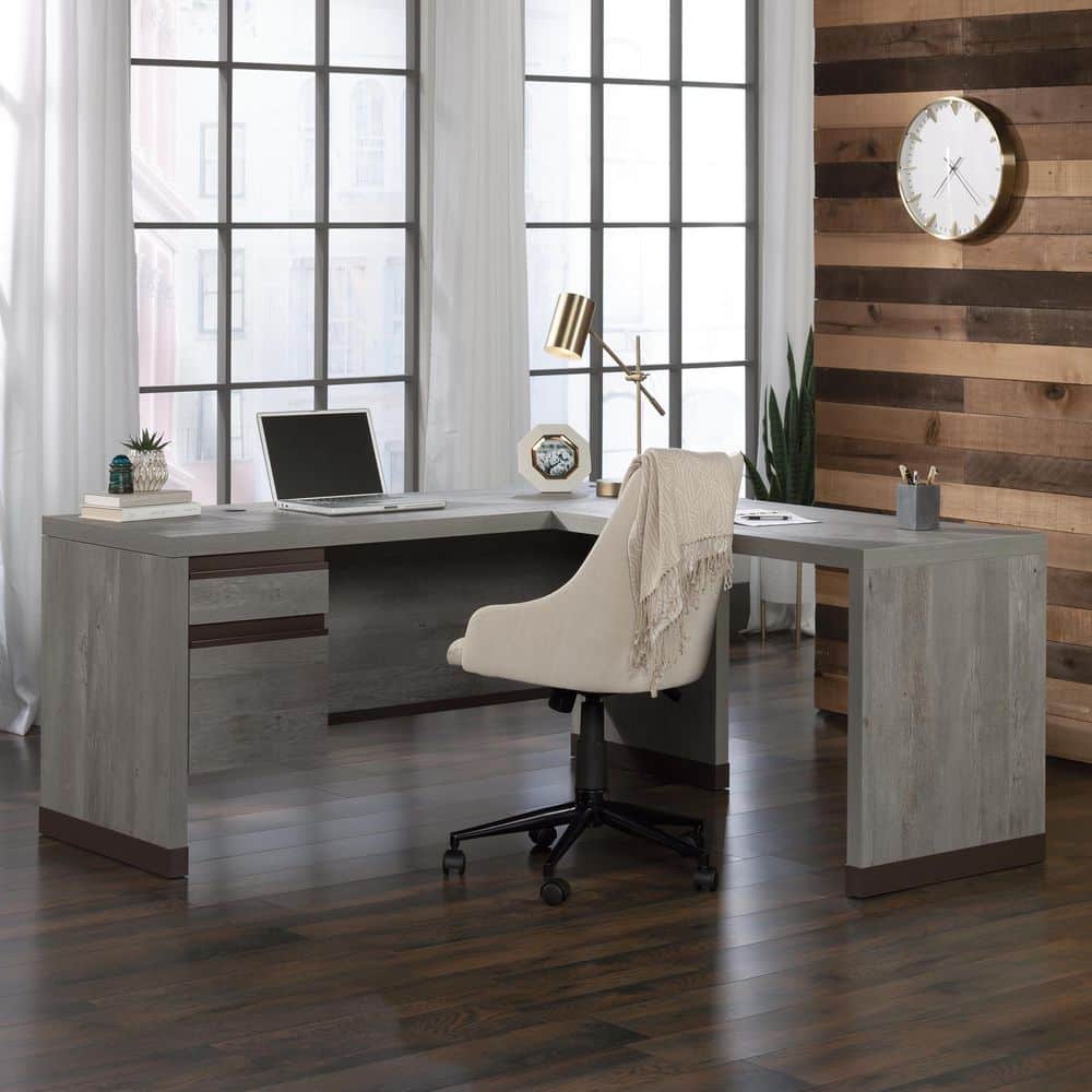 Mystic Oak Gray L-Shaped Computer Desk with Drawer and Filing Cabinet