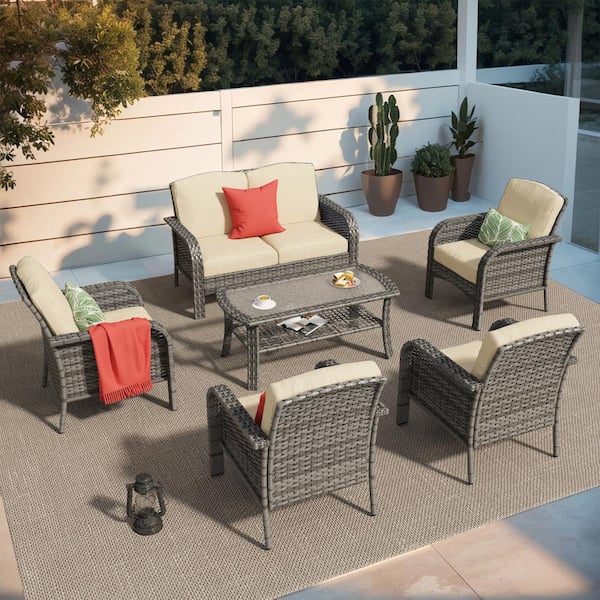 Hyacinth Haven Gray 6-Piece Wicker Patio Outdoor Conversation Seating Set with a Coffee Table and Beige Cushions