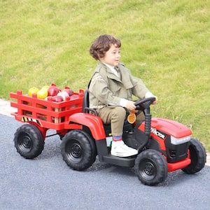 12-Volt Kids Ride On Tractor Electric Car Truck with Trailer/LED Lights/USB and Bluetooth, Red