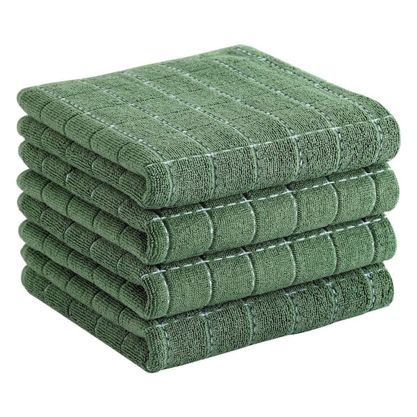Grass Green Checkered 100% Cotton Terry Kitchen Dish Towels, 13 in. x 28 in., Soft Absorbent Set of 4