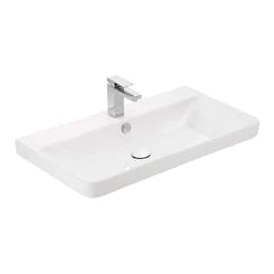 Luxury 80 WG Wall Mount or Drop-In Rectangular Bathroom Sink in Glossy White with Single Faucet Hole