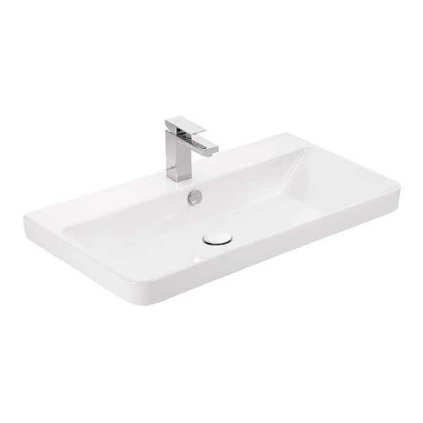 WS Bath Collections Luxury 80 WG Wall Mount or Drop-In Rectangular Bathroom Sink in Glossy White with Single Faucet Hole