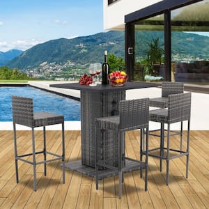 5-Piece Outdoor Bar Set, All Weather PE Rattan and Steel Frame Patio Furniture With Metal Tabletop and Stools