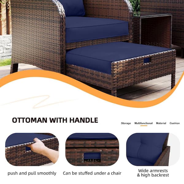 5-Piece Wicker Patio Conversation Set, Outdoor Chairs with Navy Blue Cushions, Coffee Table and Ottomans