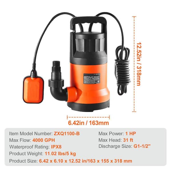 SKYSHALO Utility Pump 1HP 4000 GPH High Flow 31 Head Sump Pump  Submersible Water Pump Portable Utility Pump 10 Power Cord