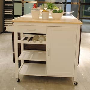 40 in. W x 19 in. D White Wood Kitchen Cart with Wheels; Drawers; Shelf; Spice Rack; Locking Casters