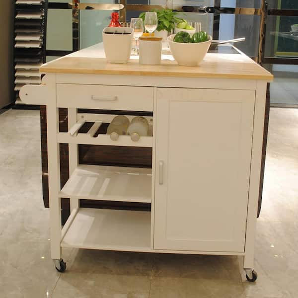 ANTFURN 40 in. W x 19 in. D White Wood Kitchen Cart with Wheels; Drawers; Shelf; Spice Rack; Locking Casters