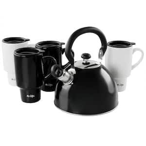 5-Piece Black and White 7-Cup Stainless Steel Whistling Tea Kettle and Travel Mug Set