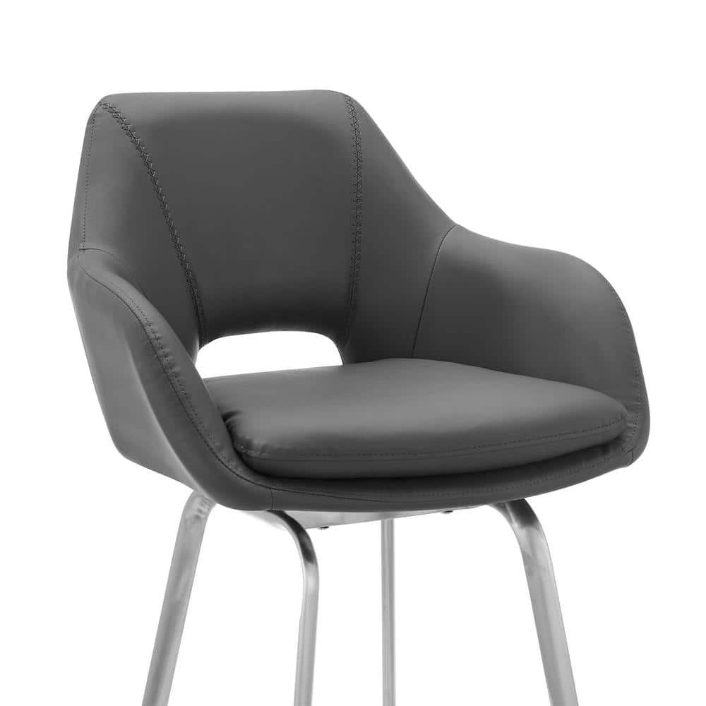 Contemporary 30" Swivel Bar Stool in Gray Faux Leather and Stainless Steel