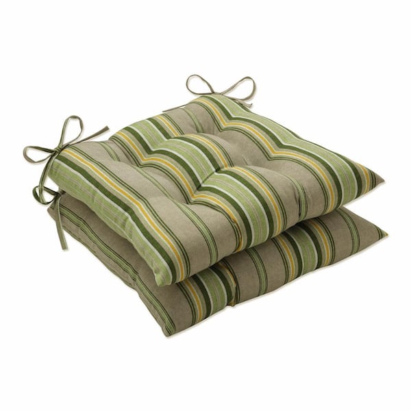 Pillow Perfect Striped 19 in. x 18.5 in. Outdoor Dining Chair Cushion in Green/Natural/Yellow (Set of 2)