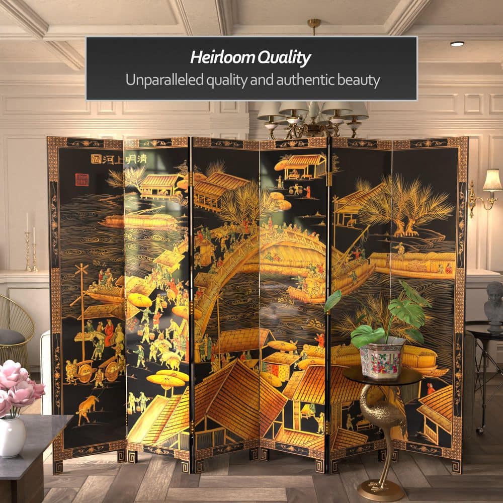 Folding screen in a room with white molding and elegant furnishings.