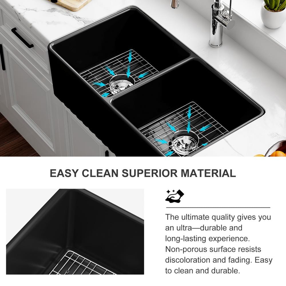 Matte Black Double Basin Fireclay Farmhouse Sink with Drainboard