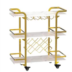 Gold and Marble White Wood 3-Tier Kitchen Cart with Glass Holders and Wine Racks