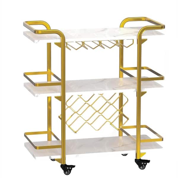 Tileon Gold and Marble White Wood 3-Tier Kitchen Cart with Glass Holders and Wine Racks