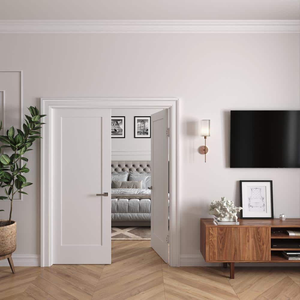 60 in. x 80 in. Solid Core White Primed Double Prehung French Door with Black Hinges