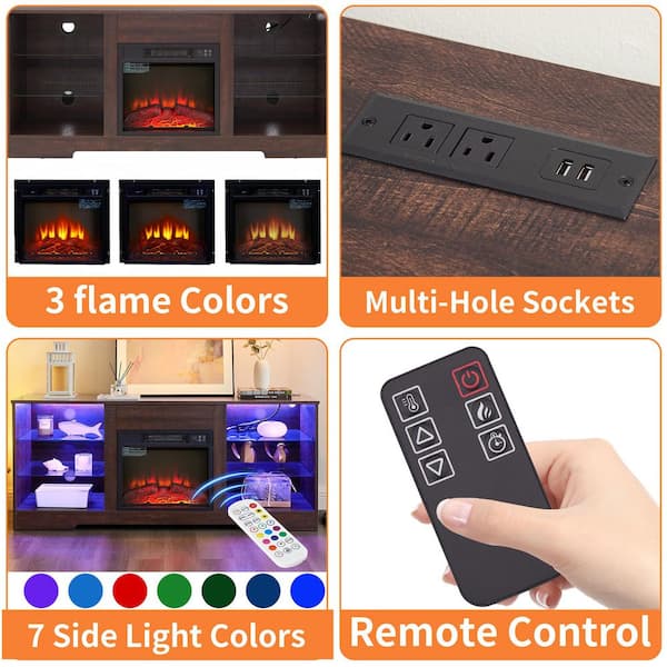 58 in. Freestanding TV Stand, with 18 in Electric Fireplace, LED Lights USB Charging Outlet Glass Shelves Espresso Brown