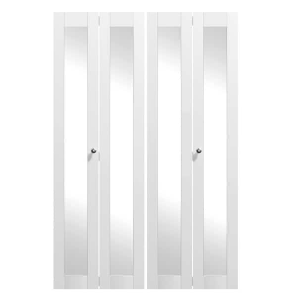 64 in. x 80 in. Full Lite Mirrored Glass Solid Core, MDF, White PVC Covering, Bi-Fold Door for Closet with Hardware Kits