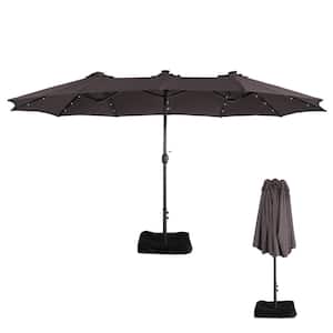 15 ft. Patio Market Umbrella Double-Sided Outdoor Patio Umbrella with Base and Solar LED Lights in Coffee