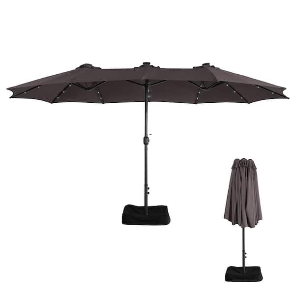 Mondawe 15 ft. Patio Market Umbrella Double-Sided Outdoor Patio Umbrella with Base and Solar LED Lights in Coffee