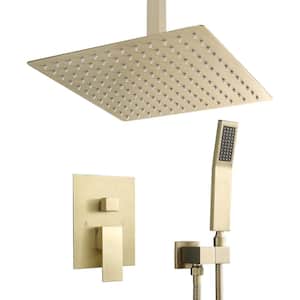 2-Spray Patterns with 1.8 GPM 16 in. Ceiling Mount Dual Shower Heads with Handheld in Gold