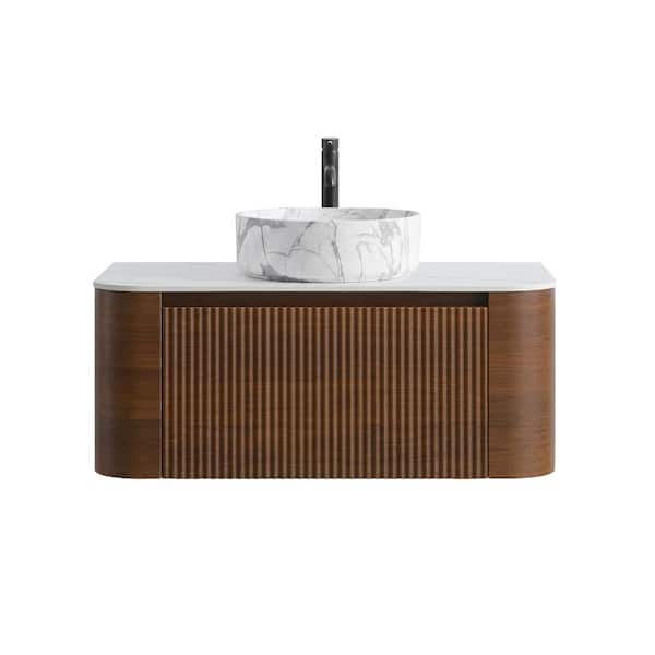 36" Walnut Bathroom Vanity with Single Carrara White Ceramic Sink,Wall-Mounted Cabinet&Towel Rack(No Faucet/Drain)
