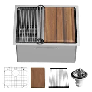 23 in. Undermount Single Bowl 16-Gauge Stainless Steel Workstation Kitchen Sink