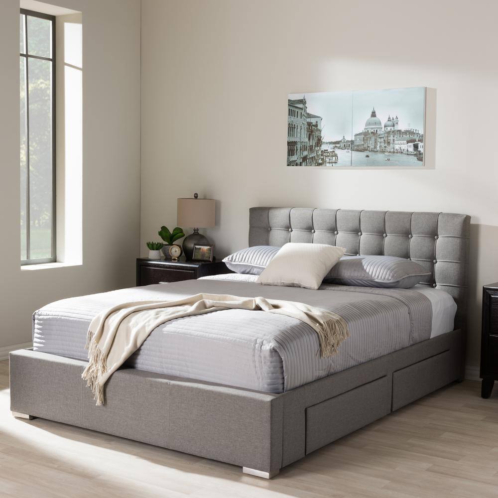 Modern King-Sized Grey Tufted Upholstered Bed with 4-Drawer Storage