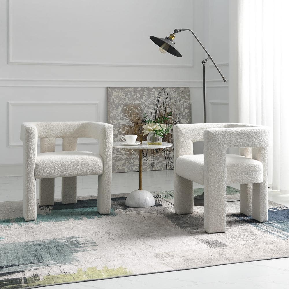 Beige Boucle Upholstered Square Arm Accent Chairs, Set of 2