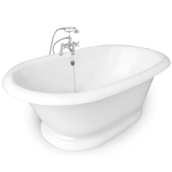 American Bath Factory 72 in. AcraStone Acrylic Double Pedestal Flatbottom Non-Whirlpool Bathtub and Faucet in Chrome