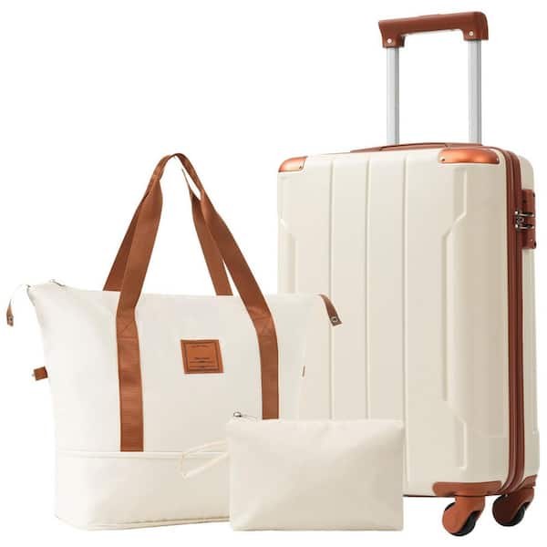 3-Piece Brown White Carry-on and Hardshell Luggage Set with TSA Lock