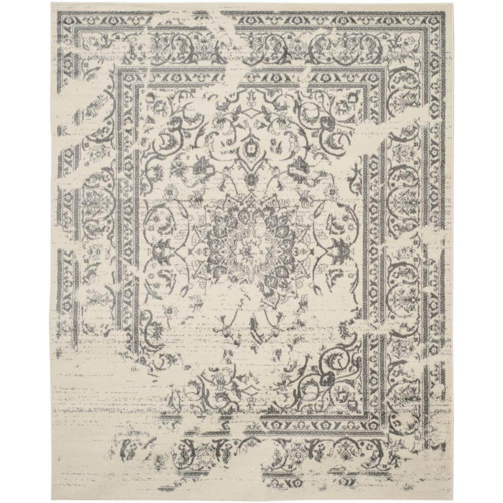 Ivory and Silver Rectangular Synthetic Runner Rug, 12' x 18'