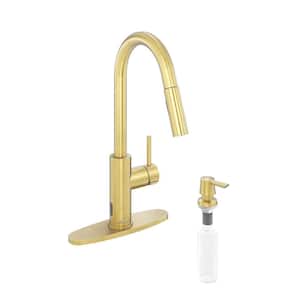 Single-Handle Pull Down Sprayer Kitchen Faucet with Infrared Sensor, Soap Dispenser and Deckplate in Brushed Gold