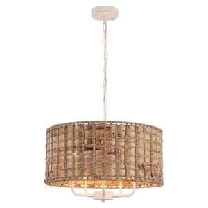 5 - Light Distressed White Drum Natural Rattan Seagrass Chandelier for Dining Room Kitchen Island with no Bulbs Included