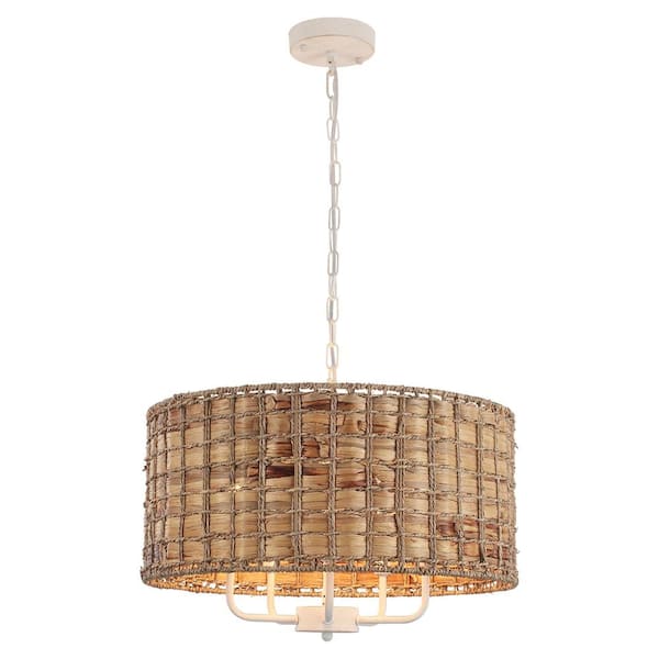 5 - Light Distressed White Drum Natural Rattan Seagrass Chandelier for Dining Room Kitchen Island with no Bulbs Included