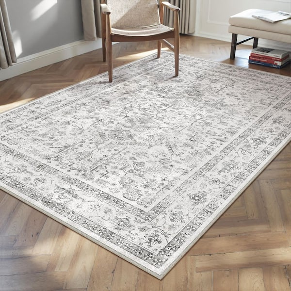 Lausanne Gray 3 ft. x 5 ft. Distressed Vintage Floral Washable Area Rug