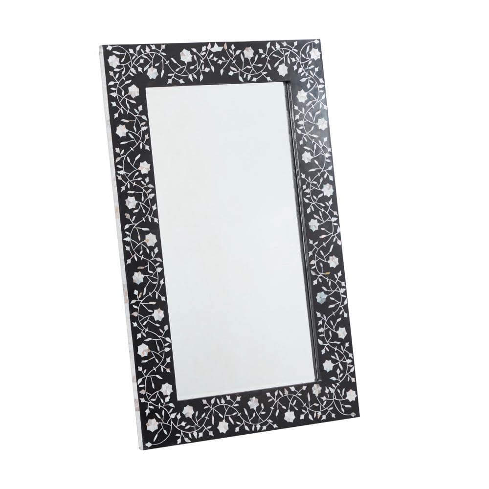 Rectangular Black Wood Wall Mirror with Floral Inlay