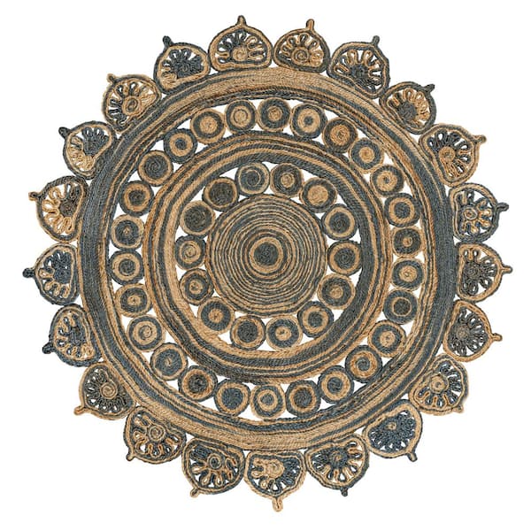 Blue/Natural 6 ft. Round Flora Medallion Contemporary Bohemian Round Jute Area Rug