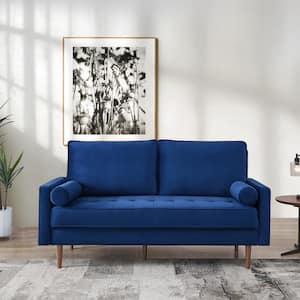 69 in. Blue Upholstered Modern Velvet Loveseat, Tufted 3-seater Cushion with Bolster Pillows
