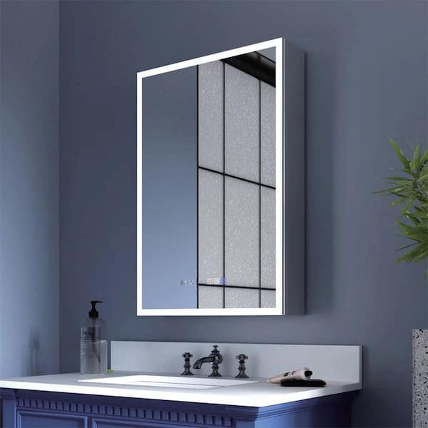 16 in. W x 26 in. H Silver Rectangular Aluminium LED Light Anti-Fog Surface/Recessed Medicine Cabinet with Mirror