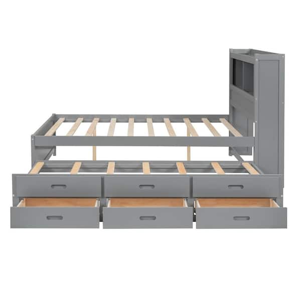 Gray Wood Frame Full Size Platform Bed with Twin Size Trundle, 3-Drawer, USB Charging Station and Storage Headboard