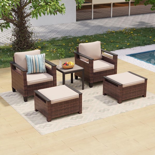 5-Pieces Brown PE Wicker Patio Conversation Set with Side Table and Ottomans with Washable Sand Cushion