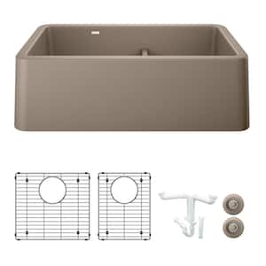 Ikon 33 in. Farmhouse/Apron-Front Double Bowl Truffle Granite Composite Kitchen Sink Kit with Accessories