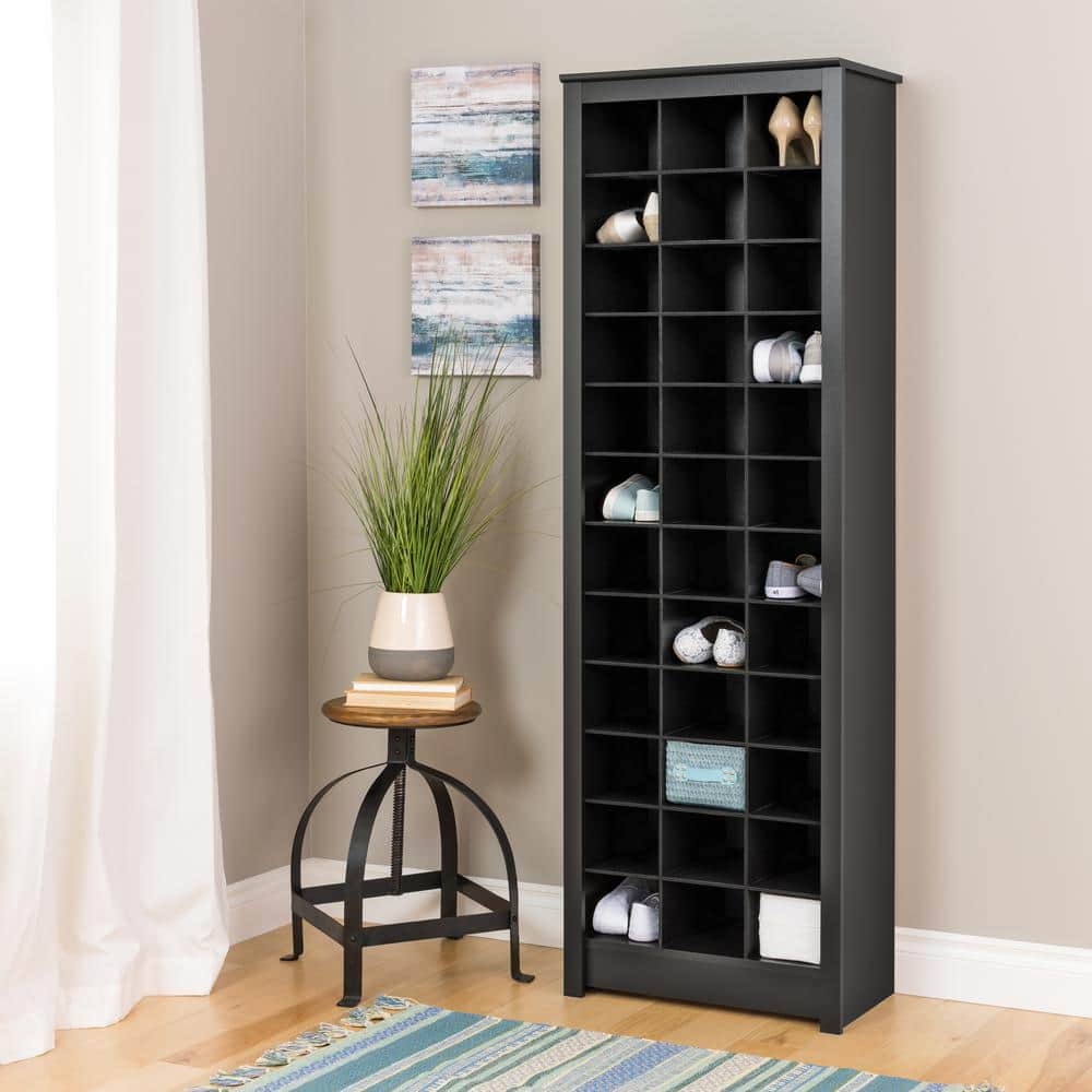 Black Tall Stackable Wood Shoe Rack with 36 Cubbies
