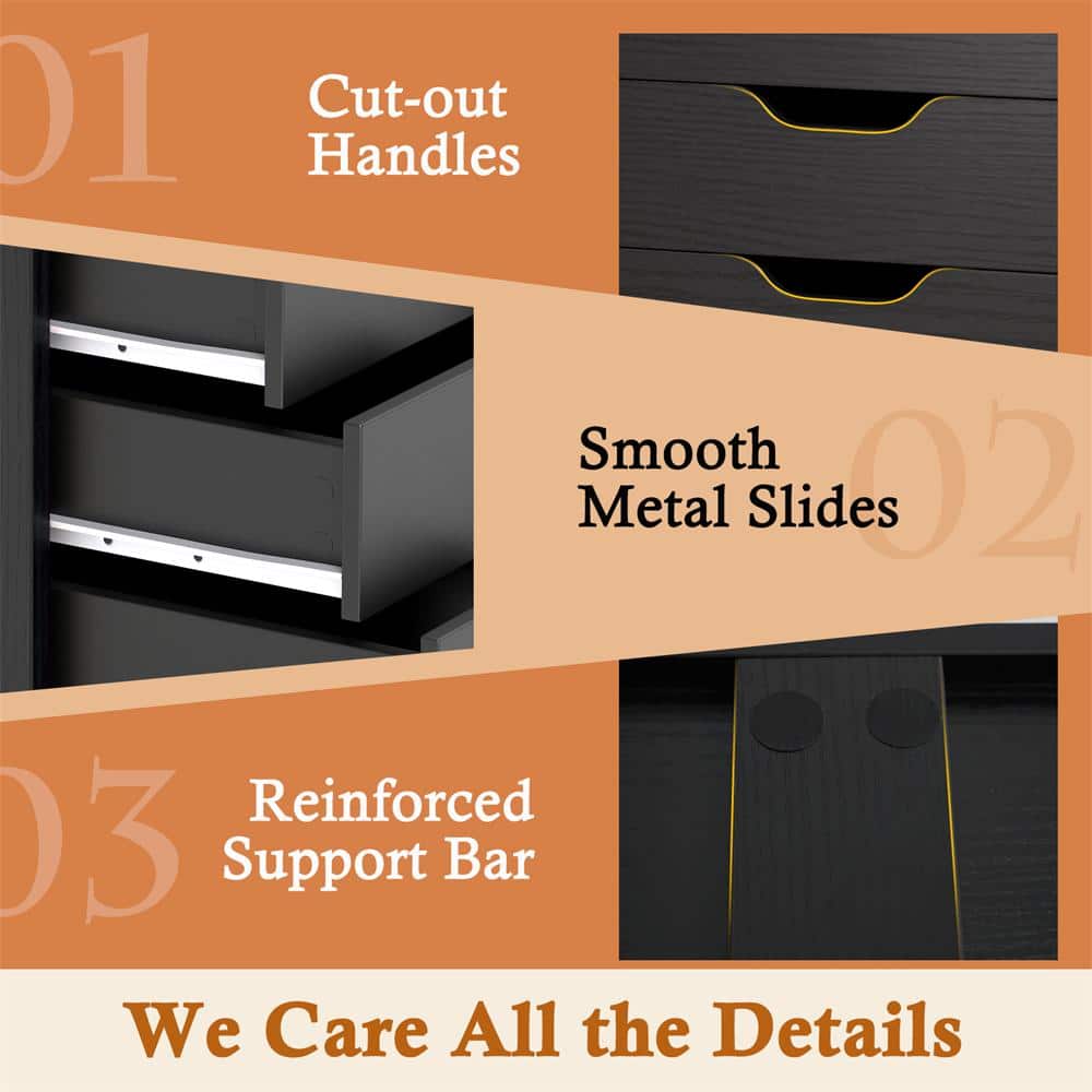Black MDF 5-Drawer Mobile Storage Cabinet with Wheels